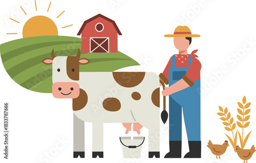A dedicated farmer tends to his dairy cow and chickens.