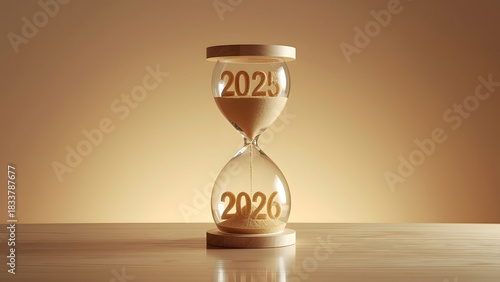 Fototapeta Naklejka Na Ścianę i Meble -  2025 to 2026 Hourglass Time Transition Concept with Falling Sand and Warm Lighting