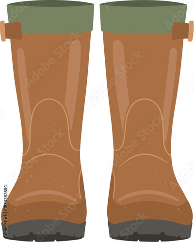 A pair of brown and green waterproof Wellington boots.