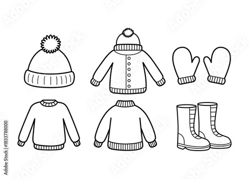 Winter Clothing Outline Collection Illustration for Kids Coloring Book and Educational Purpose Winter Season Wardrobe and Fashion in Black and White