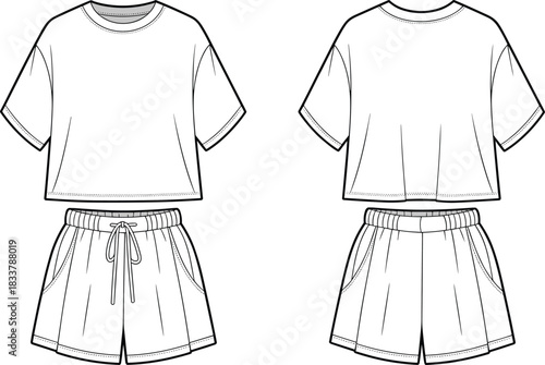 Front and back view of a white crop top and shorts set loungewear casual wear