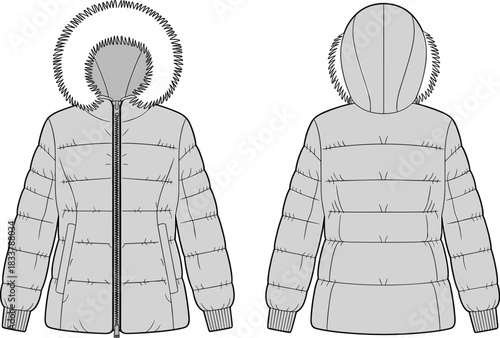 Front and back view of a gray puffer jacket with fur-lined hood and zipper winter coat outerwear