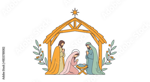 Nativity scene cartoon vector illustration of holy family with baby Jesus