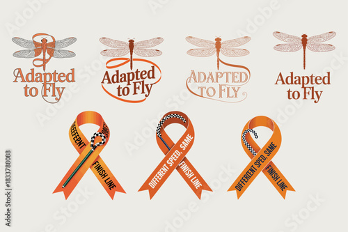 Dragonfly and ribbon graphics with adapted to fly and finish line messages insect wings