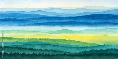 Watercolor misty mountain landscape with vibrant blue and green.
