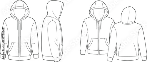 Front and side flat fashion illustrations of a zippered hoodie with a front pocket flat sketch apparel