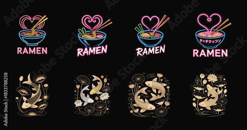 Neon ramen bowls and golden koi fish in lotus ponds noodles chopsticks