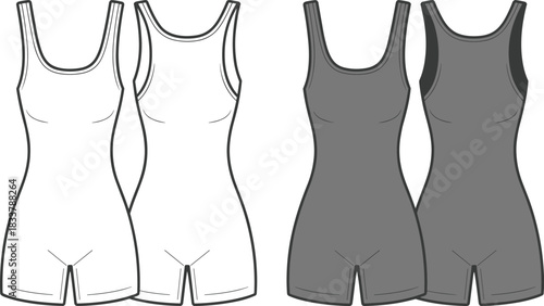 Front and back view of white and gray women's leotards or bodysuits women's apparel athletic wear