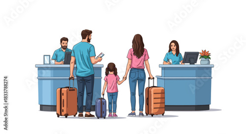 Family travel plan parents and child with suitcases check in at the airport check-in counter for a seamless and comfortable journey