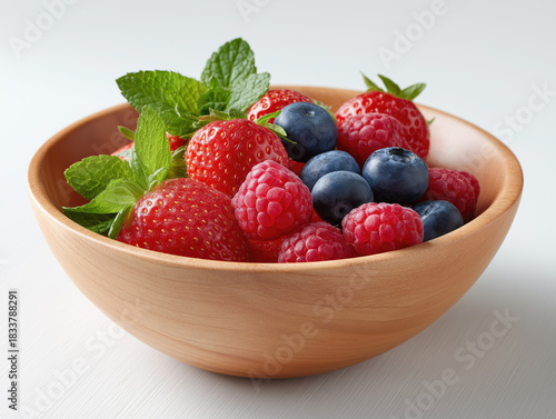 Fresh berries in a wooden bowl with mint leaves on a light background