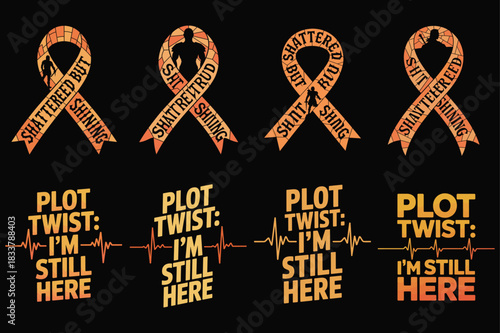Ribbons with figures and heartbeat lines with " Plot Twist: I'm Still Here" text multiple sclerosis