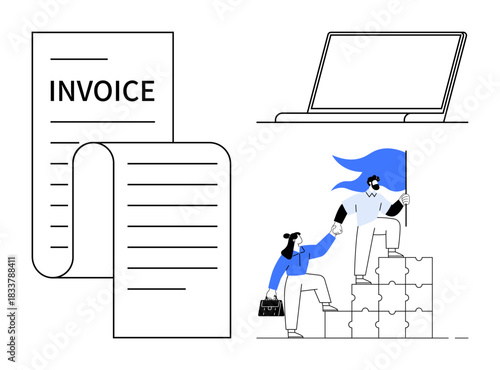 Business strategy, financial administration, teamwork, entrepreneurial success, digital tools, business growth. Invoice document, laptop professionals with flag on puzzle steps. Business strategy