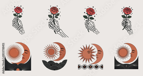 Skeleton hands holding roses and celestial sun and moon faces flower