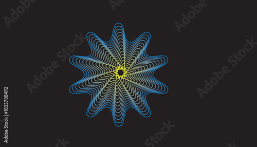 Vibrant wavy star shape with blue and yellow gradient lines. Abstract glowing pattern with smooth curves and dynamic ripple effect. Modern decorative graphic design element.