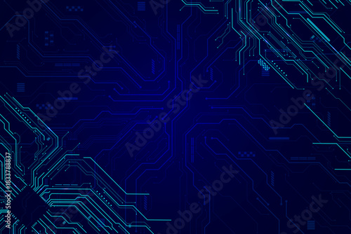 Abstract blue circuitry with connectors and chip lines, designed as a modern digital technology vector background.