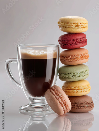 Colorful macarons stacked next to a cup of coffee on a smooth surface in a bright setting