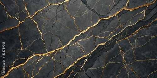 Abstract black marble texture with intricate golden crack veins