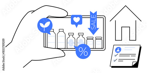Hand holding a smartphone displaying eco-friendly products with sale tag, feedback icons, and home environment with checklist. Ideal for e-commerce, sustainability, reviews, shopping, technology