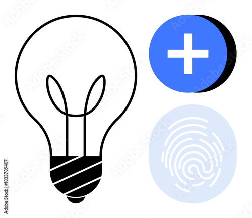 Innovation concept. Abstract light bulb ideas and invention. Includes fingerprint for identity and security plus symbol for growth and addition. For design, innovation technology projects