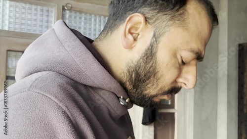 Hands, man and sick with chest pain for cough, asthma and infection virus in living room. Home, male person and respiratory illness on couch for pneumonia, tuberculosis and bacteria with flu