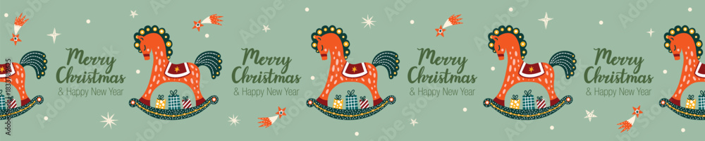 Obraz premium Vintage Christmas Magic Horse Retro Toy, Symbol of 2026. Cute Christmas gorizontal border. 