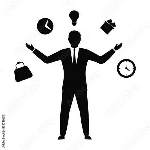 Businessman Silhouette Juggling Icons Multitasking 