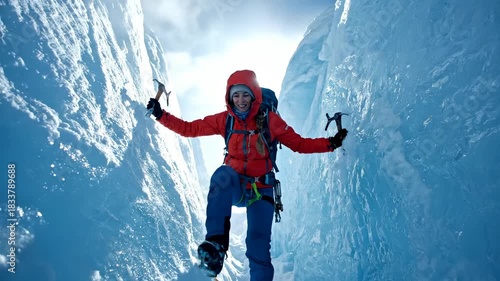 Climber ascends glacier crevasse with iceaxe. Mountaineer uses crampon to secure foothold. Close view of climbing gear on ice wall. Bright cold light reveals ice texture. Expedition captured