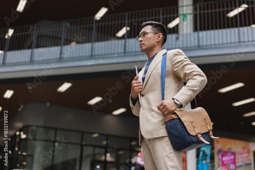 Wallpaper Mural Asian businessman walking with laptop and messenger bag Torontodigital.ca