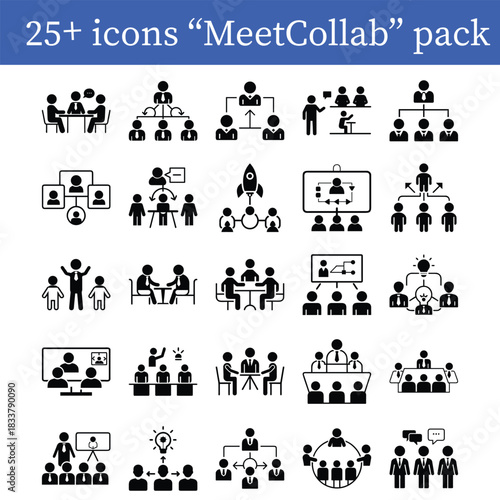 Team Meeting Vector Icon Set Group Discussion, Collaboration, Corporate Brainstorming Silhouettes