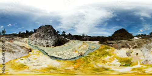 Volcanic activity and geothermal spring with boiling water. Sipoholon, Sumatra, Indonesia. 360 panorama.
