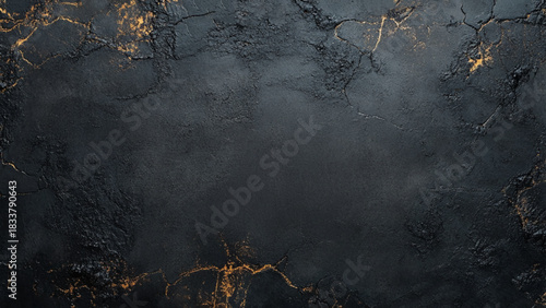 Dark rough textured concrete photo background. Golden dust effect black image