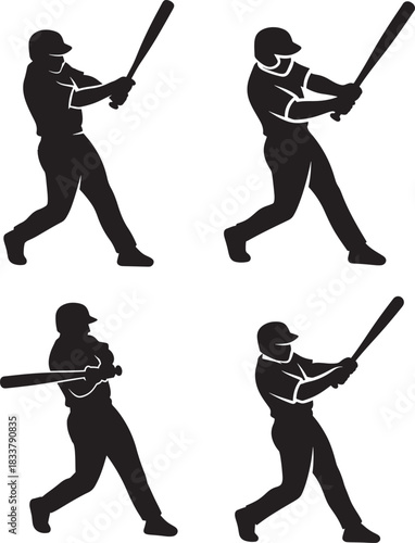 Four baseball player batting silhouettes in action
