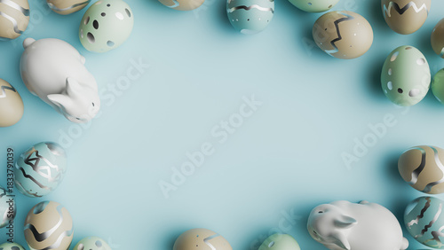 Easter Bunny And Eggs On Mint Background Copy Space. 3d rendering