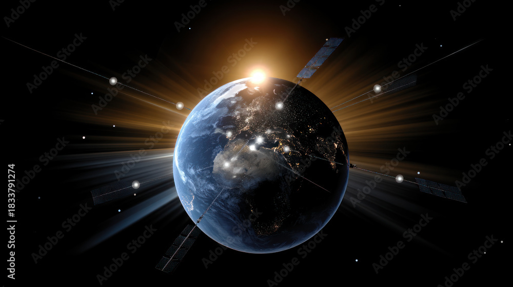 Fototapeta premium A space satellite with solar panels, rotating around the Earth against the background of the Sun. The concept of an alternative energy source, energy saving, careful attitude to our planet Earth