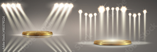Golden stage podiums illuminated by bright spotlights and glowing light beams for award presentation