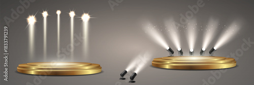 Golden stage podiums illuminated by bright spotlights and glowing light beams for award presentation