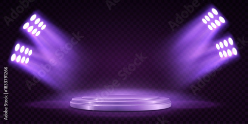 A modern purple podium with dramatic spotlights and reflections.