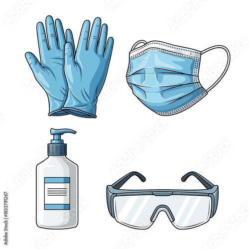 A collection of personal protective equipment including gloves, a face mask, hand sanitizer, and safety goggles.
