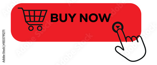 Buy now red button with hand cursor. Buy now red button with click hand cursor icon. A vibrant red buy now button with a shopping cart icon. 