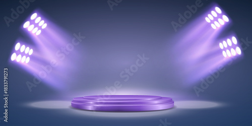 A modern purple podium with dramatic spotlights and reflections.