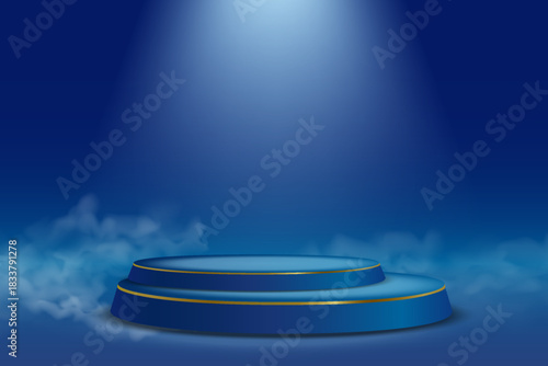 Modern podium with light reflection, magical smoke and spotlight.