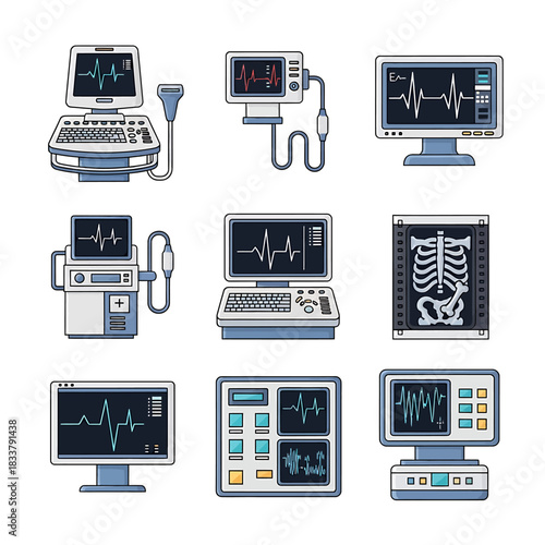 A collection of various medical diagnostic and monitoring equipment, including ultrasound, ECG monitors, ventilators, and X-ray film, depicted as flat vector icons.