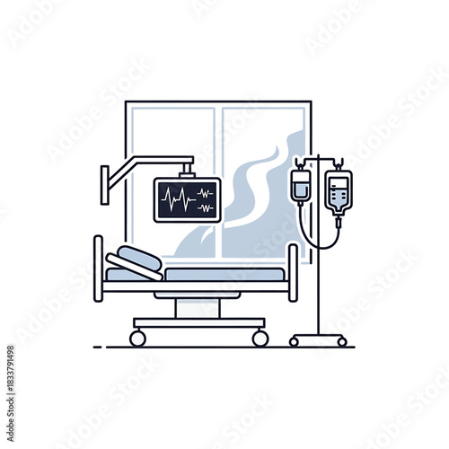 Hospital room with medical bed, IV drip, and heart monitor, depicted in a clean line art illustration style.