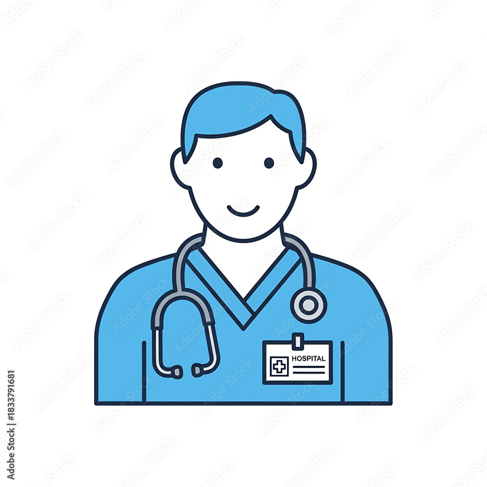 Fototapeta premium Simple line art illustration of a smiling male doctor wearing blue scrubs and a stethoscope with a hospital ID badge.