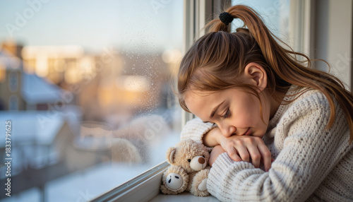 Girl feeling winter fatigue resting on frosted window, indoor warmth
