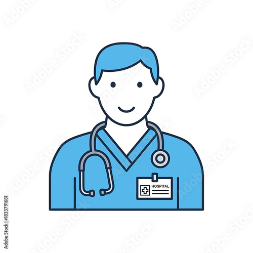 Simple line art illustration of a smiling male doctor wearing blue scrubs and a stethoscope with a hospital ID badge.