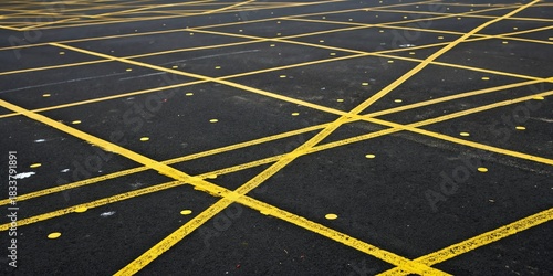 Complex yellow lines and dots on asphalt surface pattern background