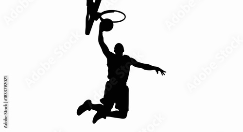 Black silhouette of a basketball player performing a slam dunk.