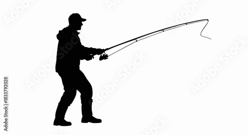 Silhouette of a Fisherman Casting a Fishing Rod.