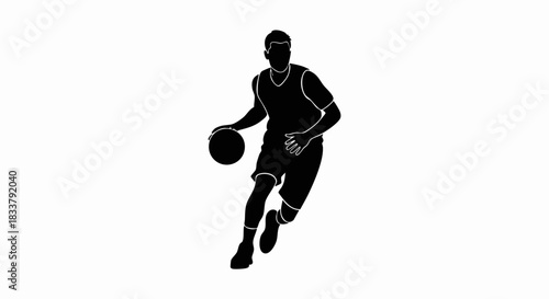 Dynamic silhouette of a basketball player dribbling the ball.